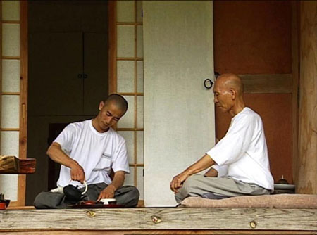 Beopjeong Sunim having tea with another Sunim.