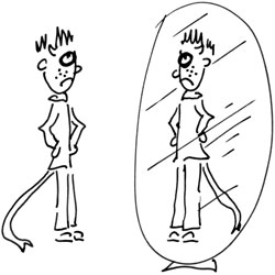 standing before a large clear mirror