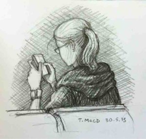 Texting at the airport. Artwork © @TessaMacDermot