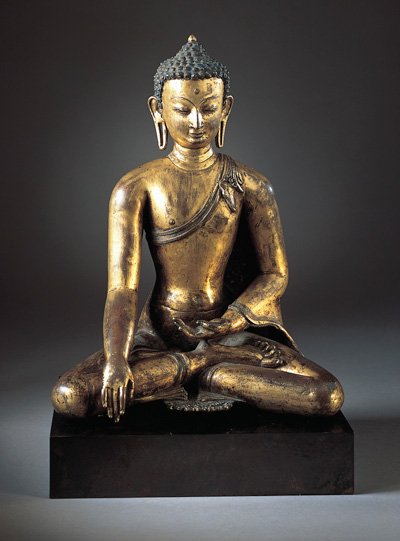 Buddha Shakyamuni or Akshobhya  Nepal, 13th century  Gilt-copper alloy  13-3/4 x 10-1/4 in. (34.9 x 26 cm)  Norton Simon Art Foundation