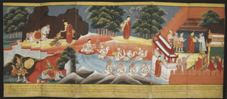 Prince Siddhartha instructs his charioteer to return to the palace with his horse Kanthaka.