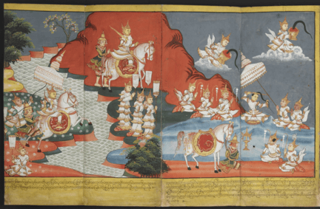 Prince Siddhartha reaches the River Anomā and cuts off his long topknot of hair