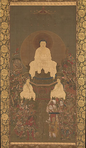 Photo © Metropolitan Museum of Art. Shakyamuni Triad with the 16 Protectors of the Great Wisdom Sutra. Nanbokuchō period (1336–92) Shakyamuni Triad with the Sixteen Protectors of the Great Wisdom Sutra. Nanbokuchō period (1336–92)