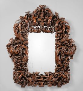 Mirror, ca. 1680–1700, German, Danzig (Gdansk). Dark-stained pine; replaced mirror glass. © The Metropolitan Museum of Art 