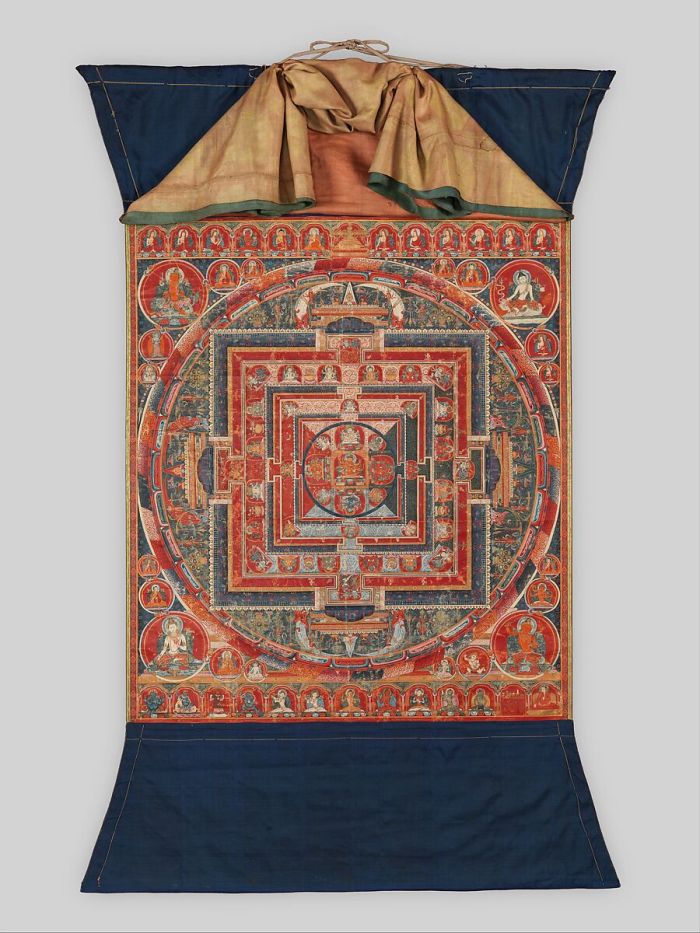 Mandala of the Forms of Manjushri, the Bodhisattva of Transcendent Wisdom, late 14th century
Tibet, 
Distemper on cloth; 33 1/16 x 29 1/8 in. (83.9 x 74 cm)
The Metropolitan Museum of Art, New York, Rogers Fund, 1977 (1977.340)