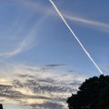 A jet contrail slicing across the evening sky, golden-edged cumulus below and trees silhouetted in the foreground. Morning Meditation: The mind is an affirmative phenomenon, but on the ordinary level it is obscured by concepts. Dalai Lama